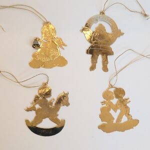 Vtg Flat Gold‎ Metal Christmas Ornaments Set Vernon & Duchin Santa Horse Angels